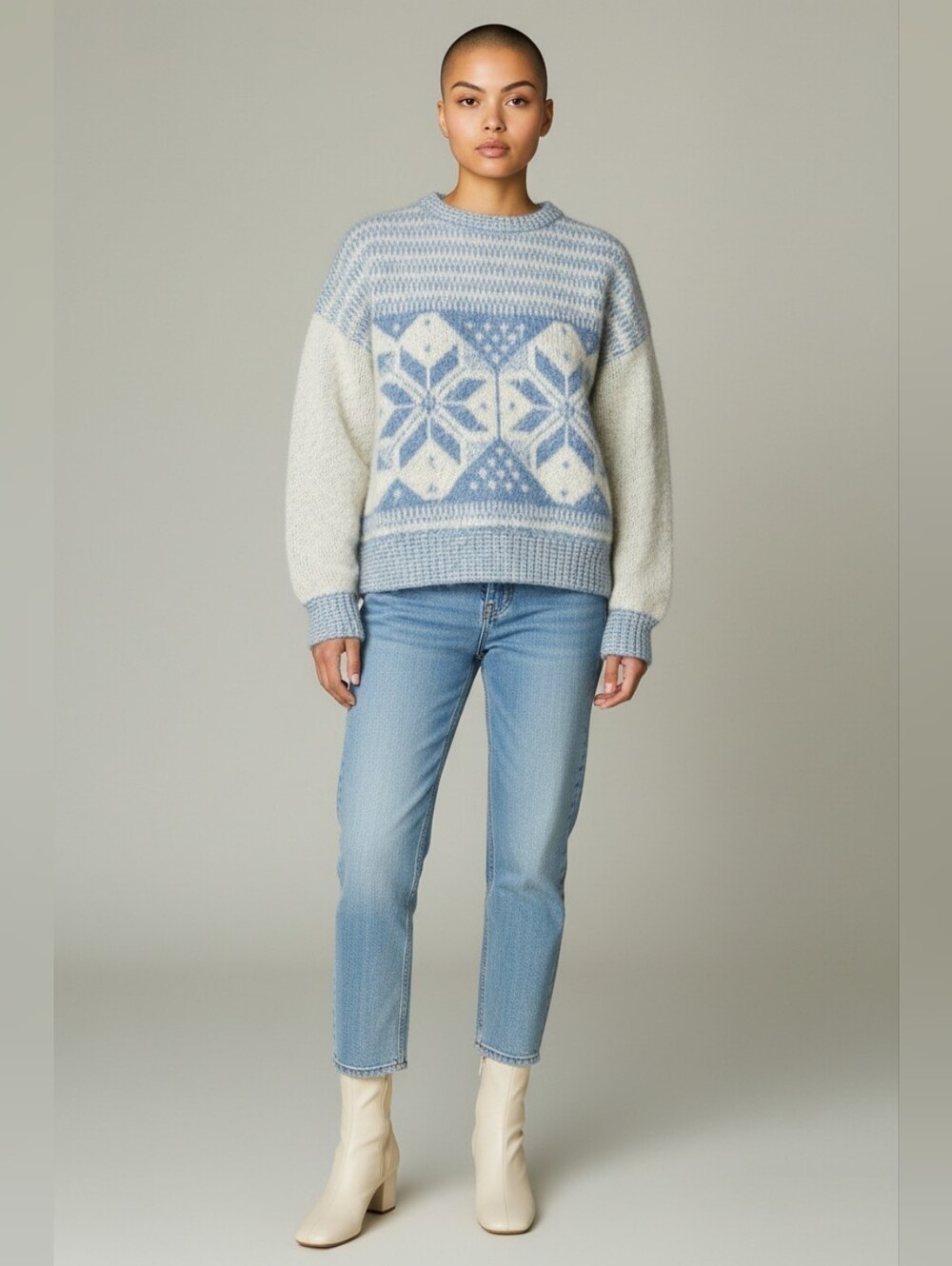 Vintage Alafoss Ice Wool Eyelash Fuzzy Sweater Nordic Snowflake Oversized M Boxy